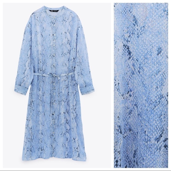 NWT. Zara Blue Semi-Sheer Animal Print Shirt Dress. Size S. - Picture 6 of 10